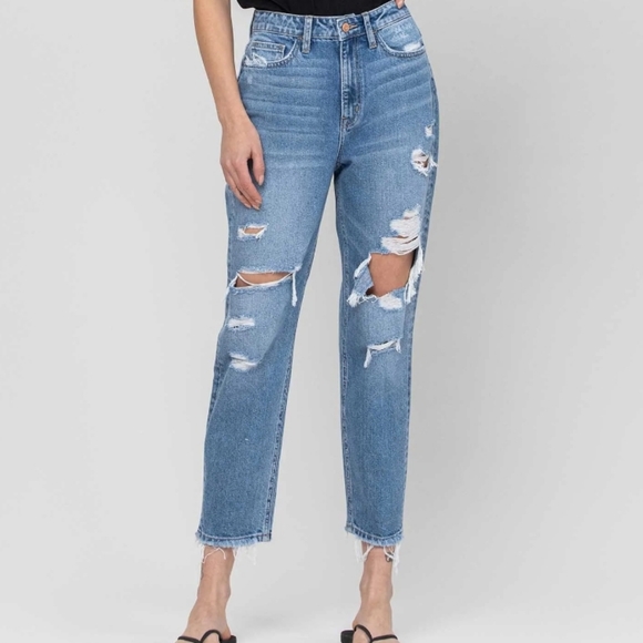 Flying Monkey Denim - Flying Monkey 30 High Rise Mom Jeans Destroyed Ankle Crop Straight leg
